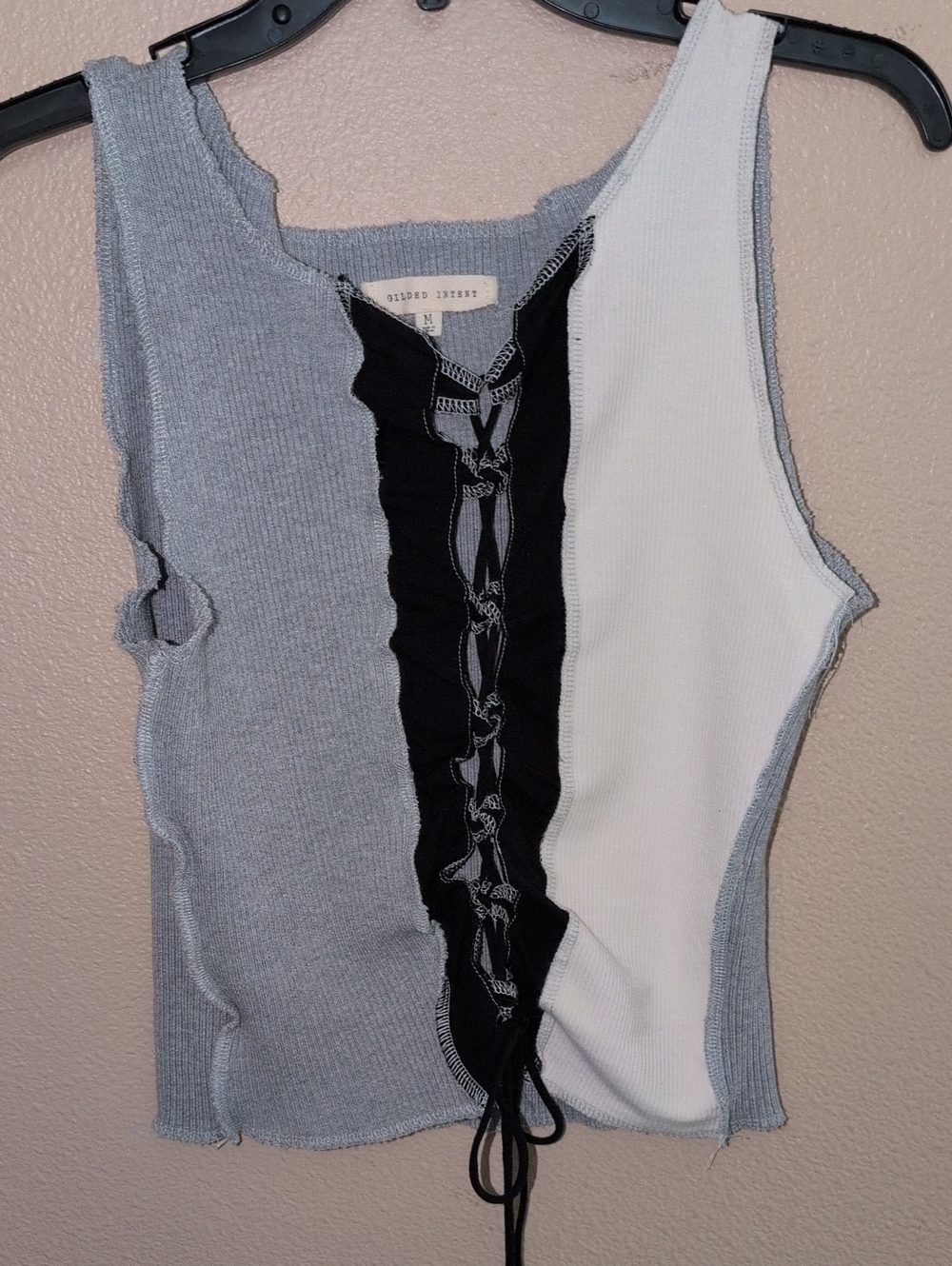Gilded Intent Gray, White & Black Lace-Up Colorblock Ribbed Tank